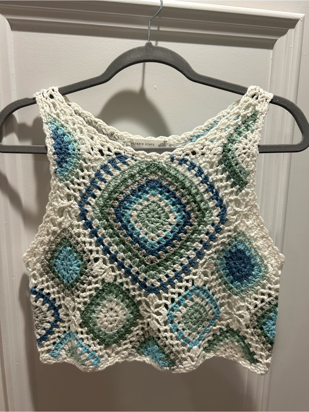 Altar'd State Crochet Tank Top in White, Blue & Green